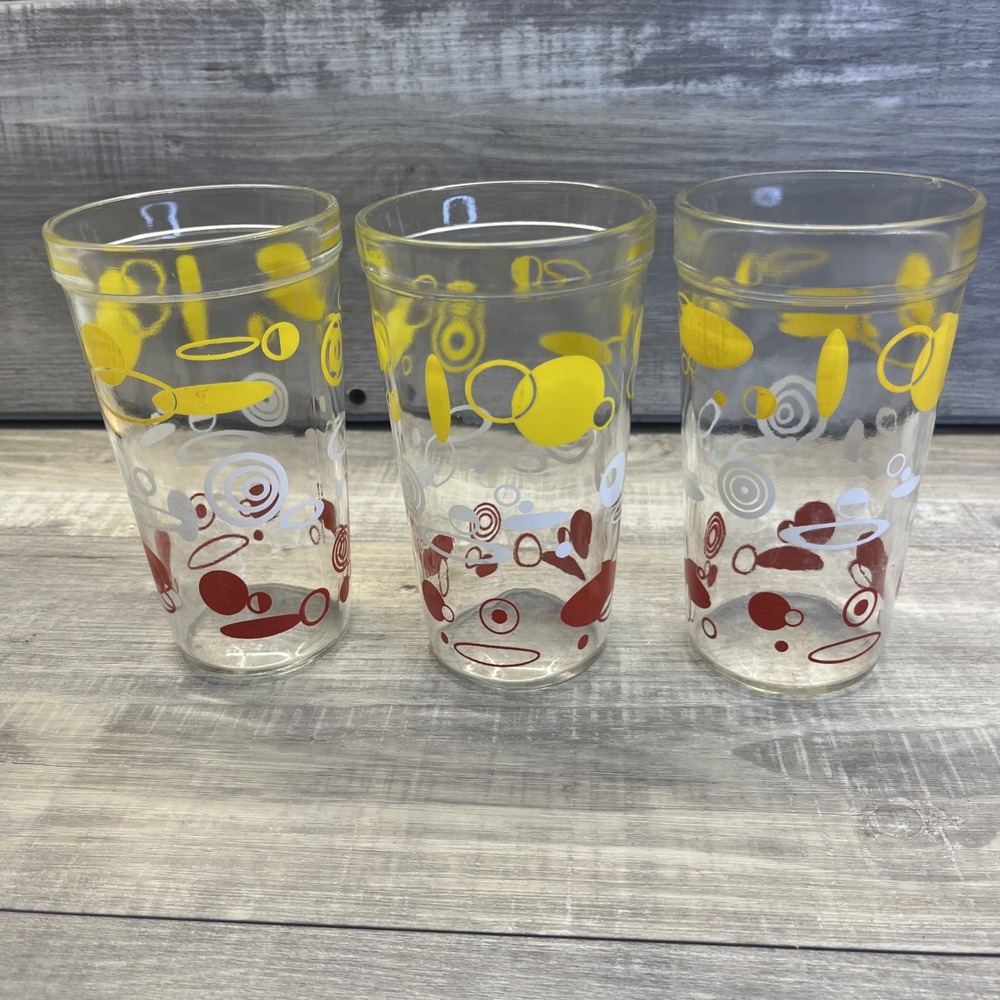 Atomic Set of 3 Jelly Jar Drinking Glass Tumblers Vintage 50s MCM Abstract